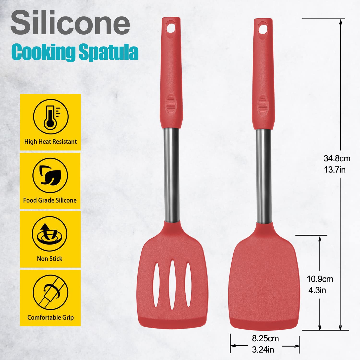 2 Pack Spatulas, Solid & Slotted Silicone Spatula Set, Stainless Steel Handle Coated with Silicone, Non Stick Turners, Heat Resistant Rubber Spatulas for Fish, Eggs, Pancakes, WOK, Black
