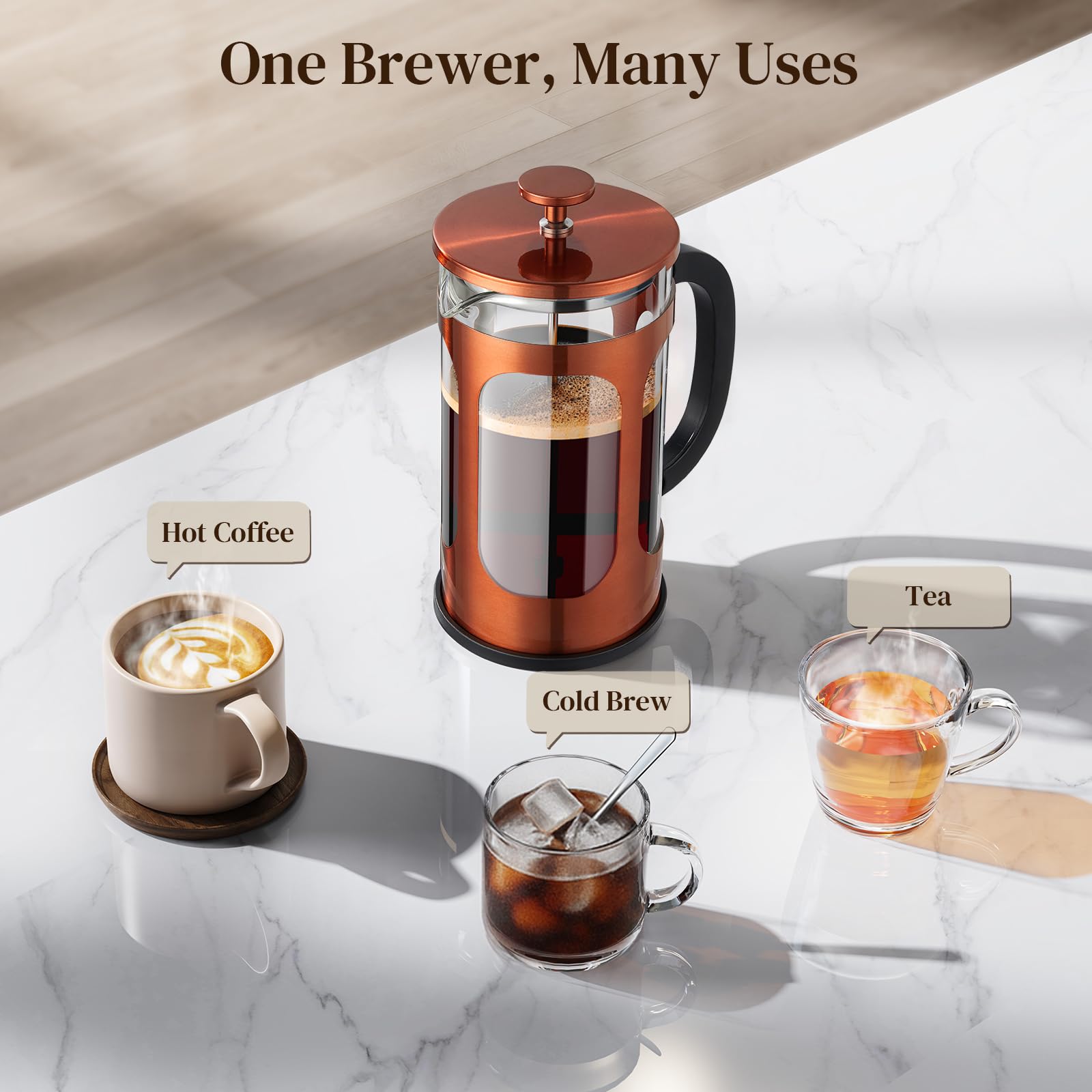 Veken French Press Coffee Maker 21oz 0.6 L, Single Serve Small Pot, Heat Resistant Thickened Borosilicate Glass, Stainless Steel Brewer, Cold Brew Cafetera Teapot for Kitchen Travel Camping, Copper