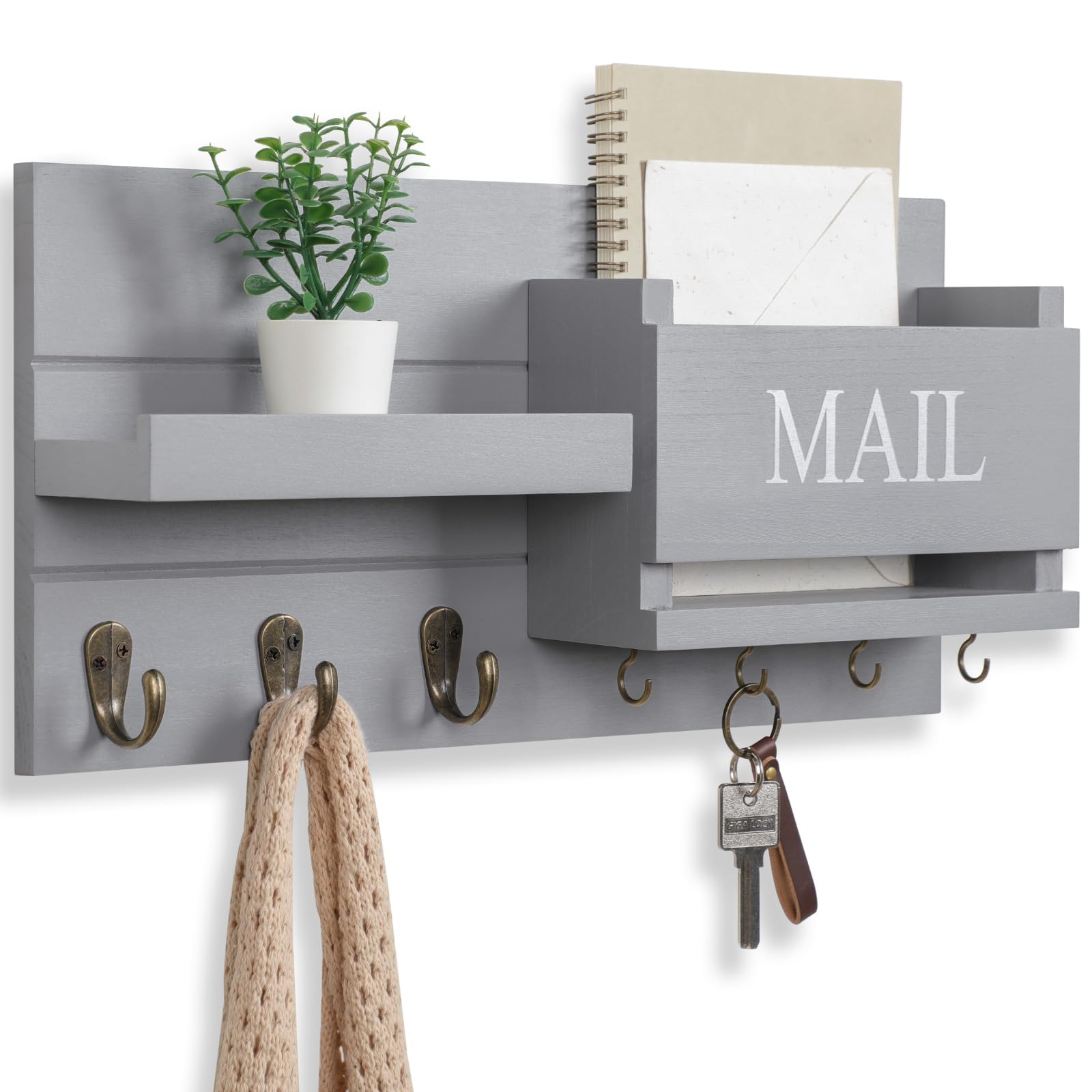 Mail Organizer for Wall Mount – Key Holder with Shelf Includes Letter Holder and Hooks for Hallway Farmhouse Decor – Rustic Wood with Flush Mounting Hardware (16.5” x 9.1” x 3.4”) (White)