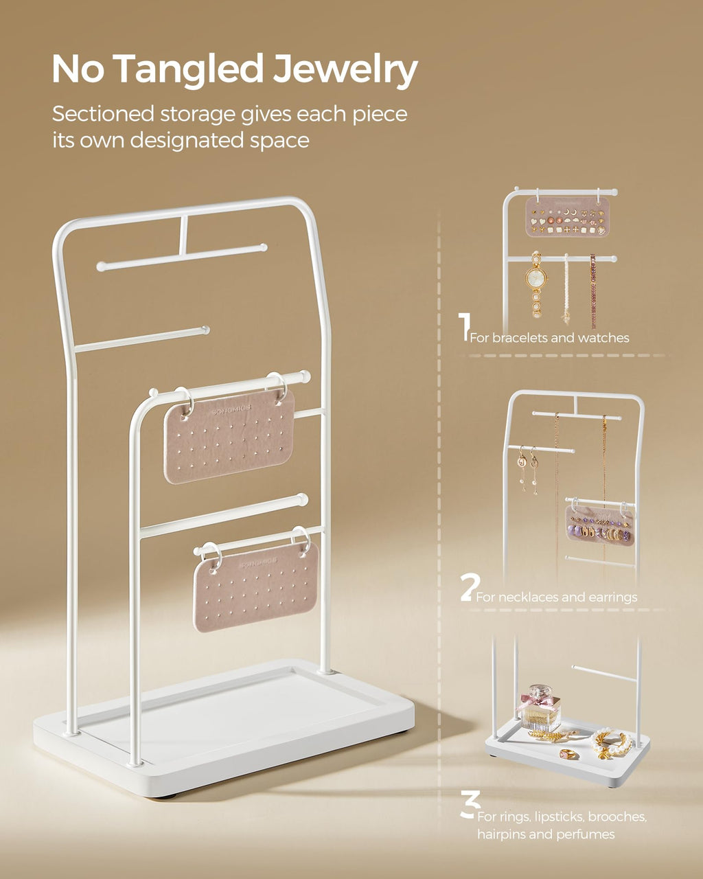 SONGMICS Jewelry Stand, Jewelry Organizer, Jewelry Display Holder with Metal Frame, 2 Earring Boards, 6 Hanging Rods, Necklace Earring Bracelet Holder, for Rings, Cloud White UJJS024W01