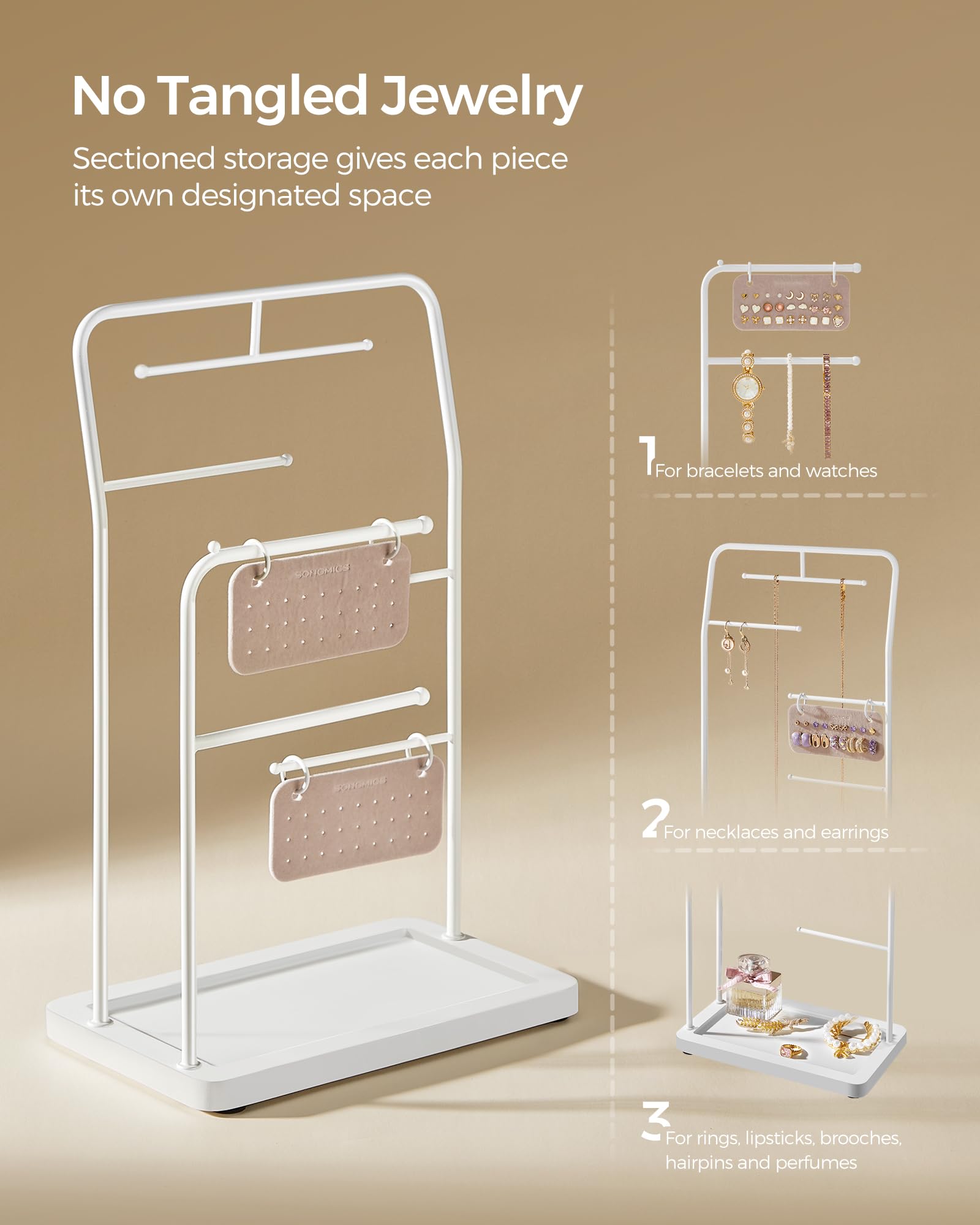 SONGMICS Jewelry Stand, Jewelry Organizer, Jewelry Display Holder with Metal Frame, 2 Earring Boards, 6 Hanging Rods, Necklace Earring Bracelet Holder, for Rings, Cloud White UJJS024W01
