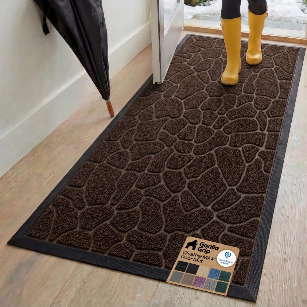 GORILLA GRIP 100% Waterproof All-Season WeatherMAX Doormat US Designed Natural Rubber, Stain Fade Resistant, Low Profile Indoor Outdoor Front Door Mats Outside Entrance, Easy Clean 29x17 Gray Diamond