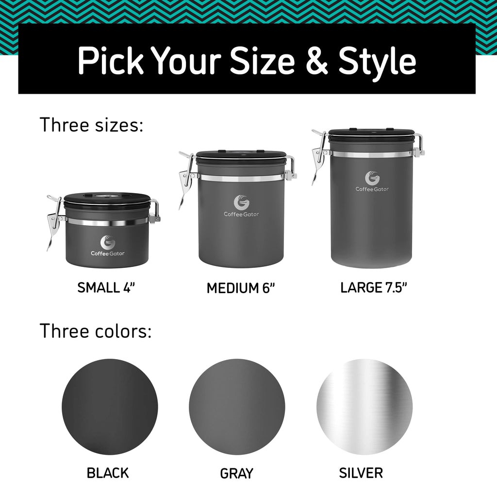 Coffee Gator Stainless Steel Canister - Medium 16oz, Gray Coffee Grounds and Beans Container with Date-Tracker, CO2-Release Valve, and Measuring Scoop - Ideal Coffee Lovers Gifts