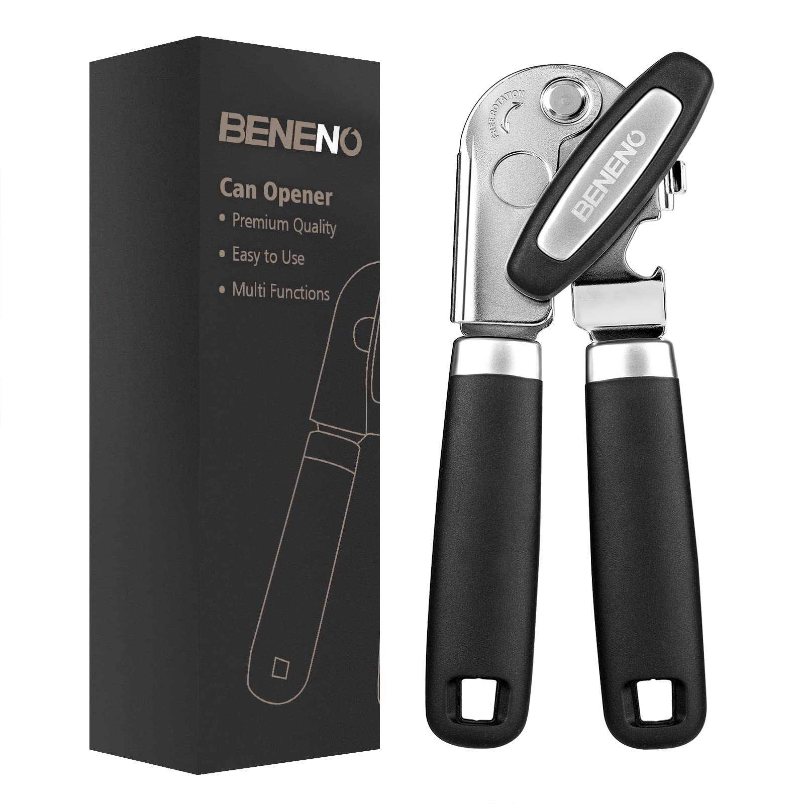 Beneno Heavy Duty Hand Can Opener Manual with Magnet, Durable Sharp Carbon Steel Blade Smooth Cutting, Big Effort-Saving Knob & Soft Grip Handle, Multifunctional Kitchen Tool with Bottle Opener, Green