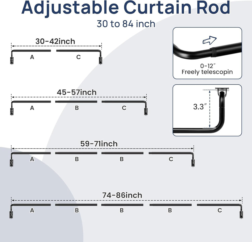ENJOYBASICS Blackout Curtain rod for windows 48 to 84, 5/8 in Wrap Around Curtain Rods for Bedroom, Living Room, Adjustable from 30 to 86 Inches, Matte Black