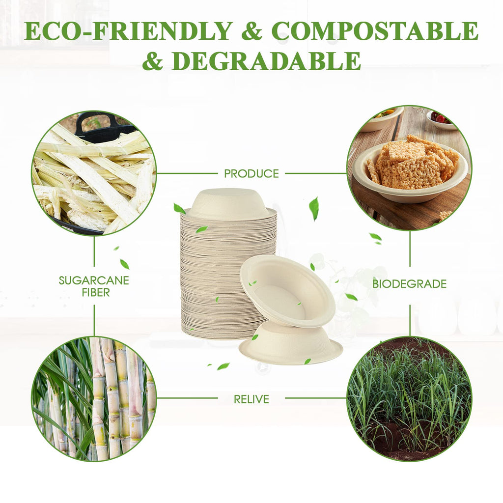 Vplus 200 Pack 12 OZ Paper Bowls, Disposable Compostable Bulk, Eco-friendly Bagasse, Heavy-duty Bowls Perfect for Milk Cereals, Snacks, Salads