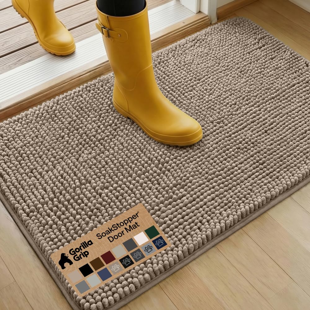 GORILLA GRIP SoakSTOPPER Dog Door Mat, Machine Washable Rug Absorbent Doormat Captures Moisture Mud Dirt, Quick Dry Soft Chenille Entryway Rugs Indoor Entrance Mats for Dog Paws, 24x17 Grey