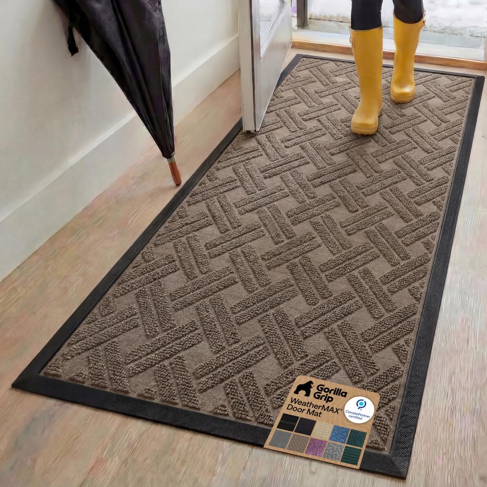 GORILLA GRIP 100% Waterproof All-Season WeatherMAX Doormat US Designed Natural Rubber, Stain Fade Resistant, Low Profile Indoor Outdoor Front Door Mats Outside Entrance, Easy Clean 29x17 Gray Diamond