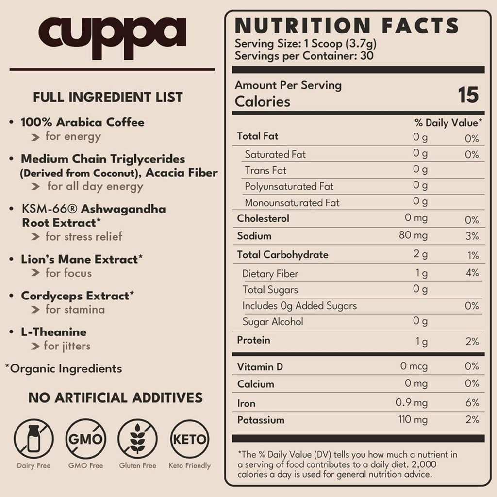 Cuppa Medium Roast Mushroom Coffee with Adaptogens & Superfoods - Lion’s Mane, Ashwagandha & Cordyceps. Adaptogens + MCT to support natural energy, mental focus & gut health (30 Servings)