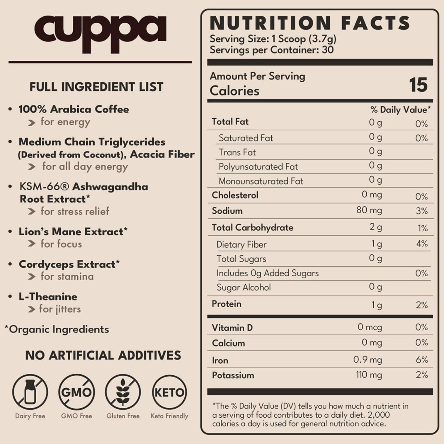 Cuppa Medium Roast Mushroom Coffee with Adaptogens & Superfoods - Lion’s Mane, Ashwagandha & Cordyceps. Adaptogens + MCT to support natural energy, mental focus & gut health (30 Servings)