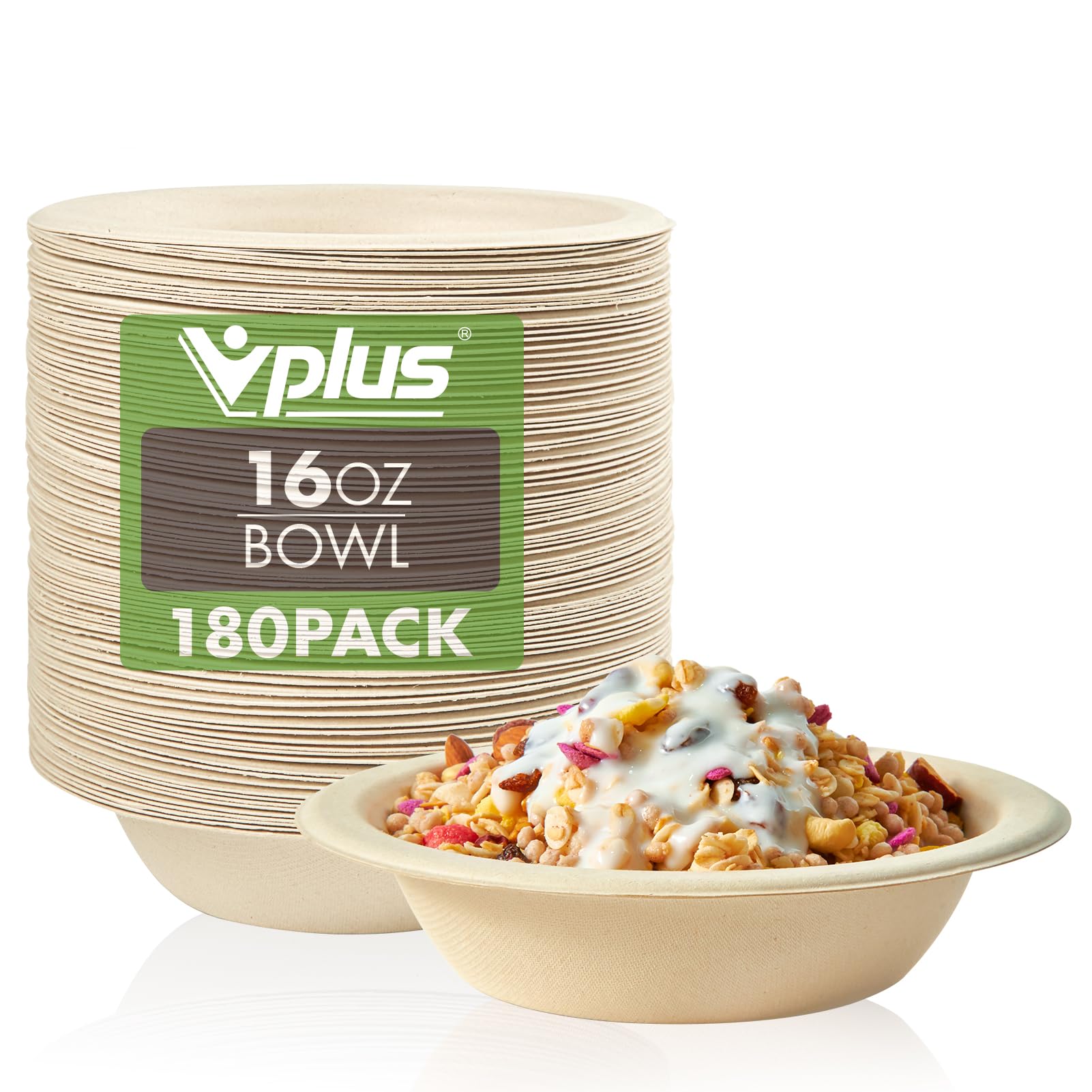 Vplus 200 Pack 12 OZ Paper Bowls, Disposable Compostable Bulk, Eco-friendly Bagasse, Heavy-duty Bowls Perfect for Milk Cereals, Snacks, Salads