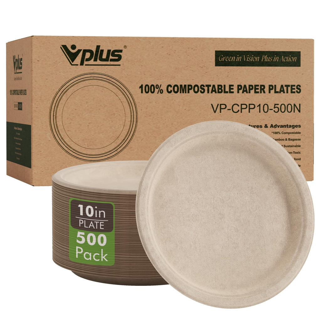 Vplus 500 Pack Paper Plates 9 inch 100% Compostable, Heavy-Duty Disposable Paper Plates Bagasse Natural Biodegradable Eco-Friendly Sugarcane（White）