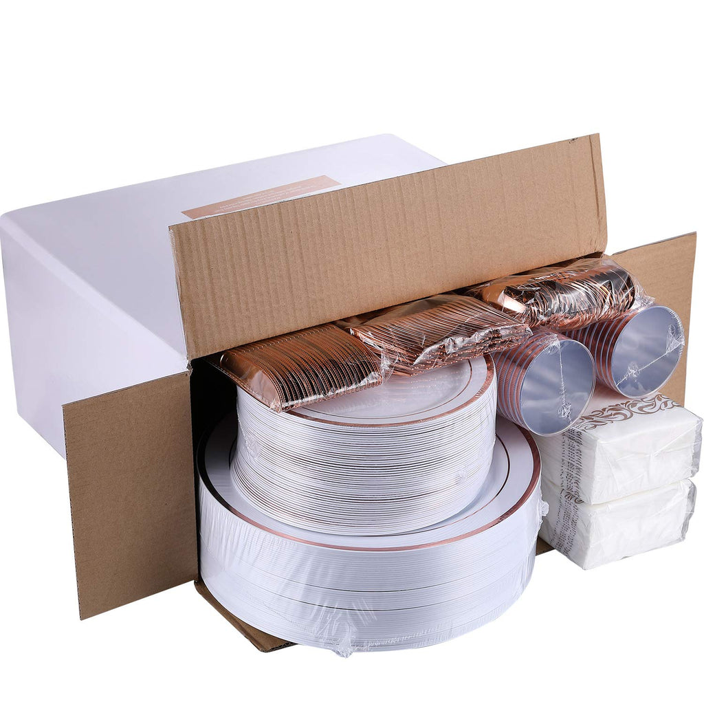 FOCUSLINE 350 Ct Disposable Dinnerware Set for 50 Guests -Heavy Duty Plastic Plates with Gold Rim, Includes 50 Dinner & Salad Plates, Cups, Napkins, Cutlery Set