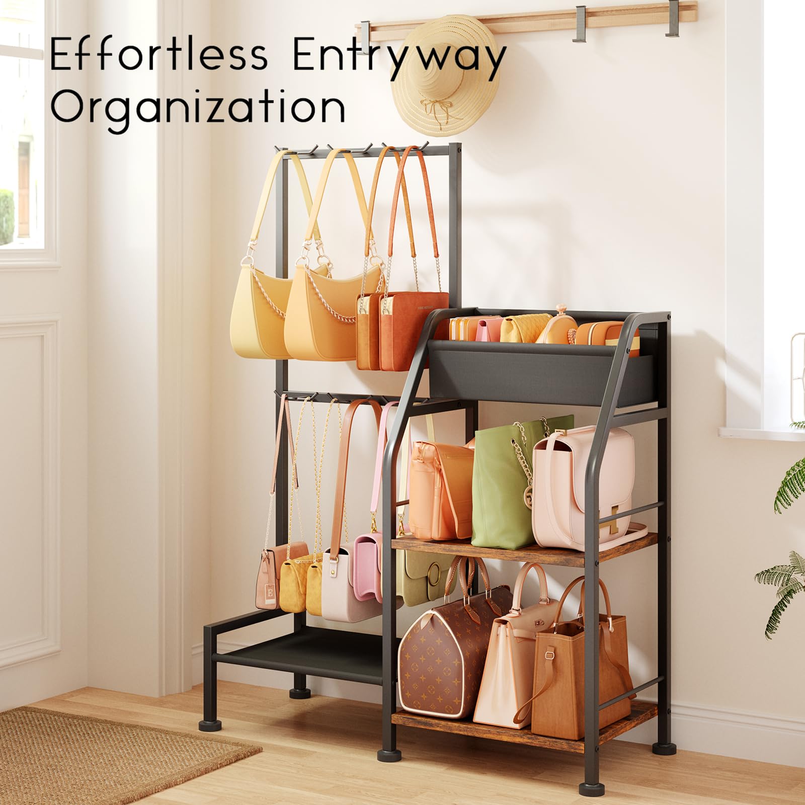 Homsorout Purse Organizer for Closet - Purse Rack Stand with 12 Hooks, 2 Wooden Shelves Purse Storage for Closet, Large Capacity Backpack Storage, Handbag Organizer for Home, Living Room, Black