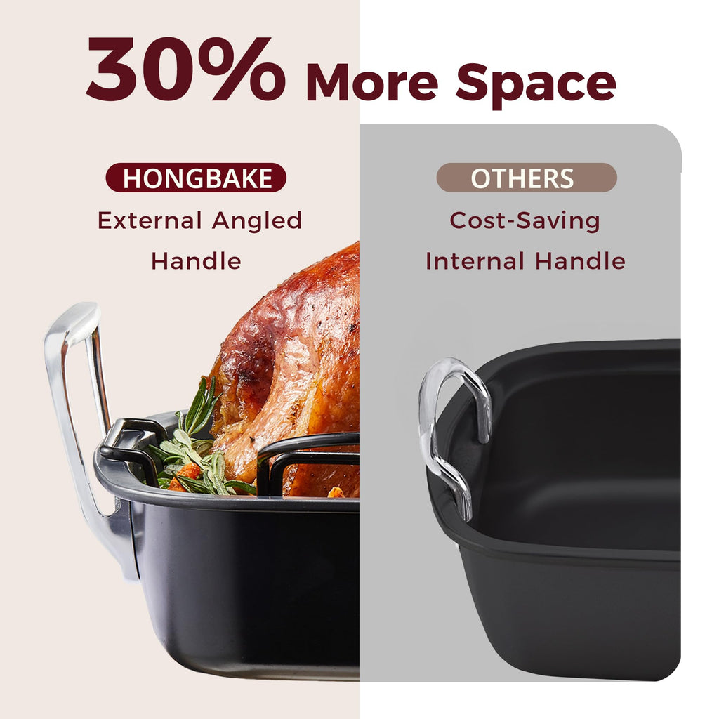 HONGBAKE Ceramic Coated Nonstick Large Turkey Roasting Pan with Rack (U-Shaped), 18.7×13.6 Inch Deep Roaster Pan for 25 lb Turkey & Chicken, Wider Handles, Non Toxic, PFOA & PTFE-Free, Cream & Gray