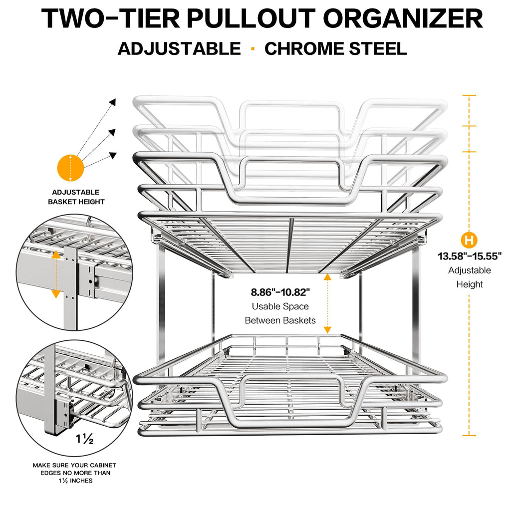 2-Tier Kitchen Cabinet,Pull Out Cabinet Organizer,Shelf and Drawer Organizer Slide Out Pantry Storaqe Basket in Multiple Sizes (12" W x21 D)