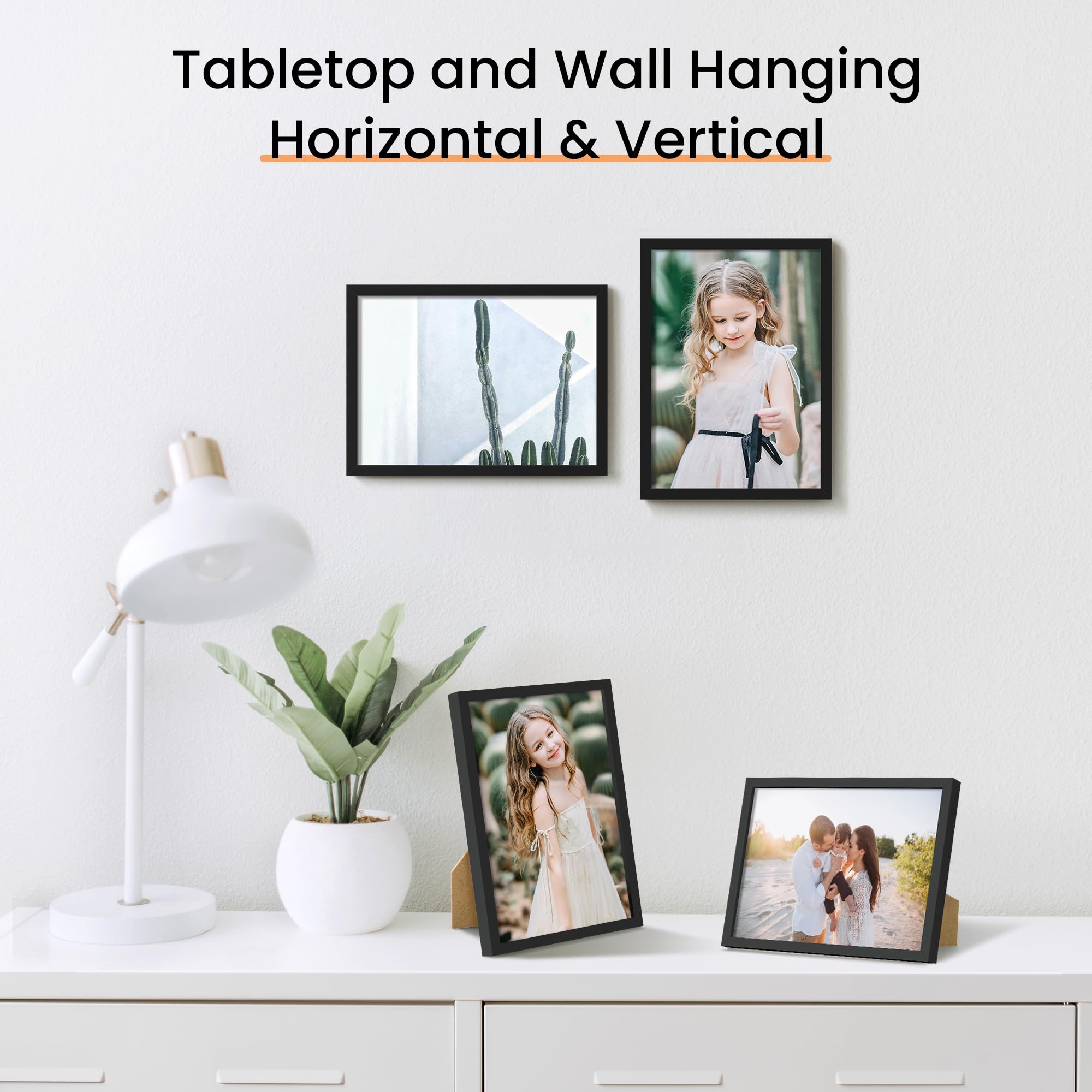 upsimples 5x7 Picture Frame Set of 3, Made of High Definition Glass for 5 x 7 Black Frames, Wall and Tabletop Display Thin Border Photo Frame for Home Décor