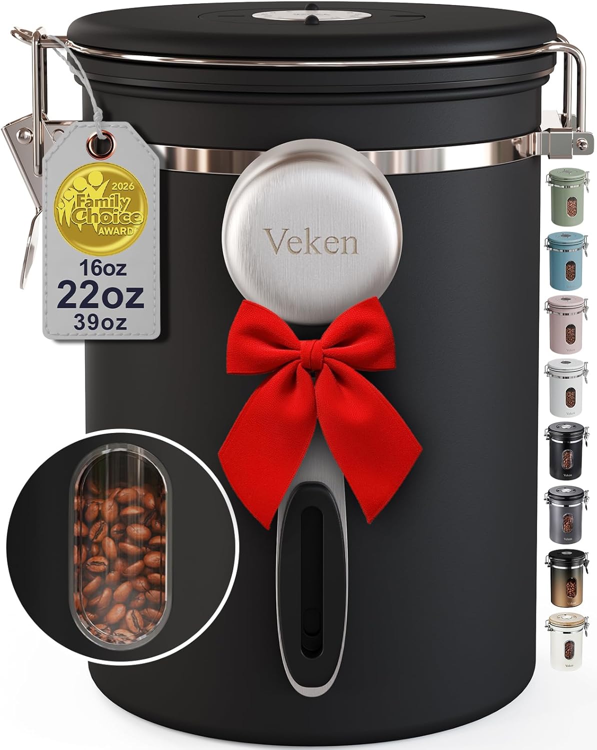 Veken Coffee Canister with Window,Airtight Stainless Steel Kitchen Food Storage Container, Date Tracker & Scoop for Grounds Coffee, Beans, Tea,Flour,Cereal,Sugar,22OZ,Copper