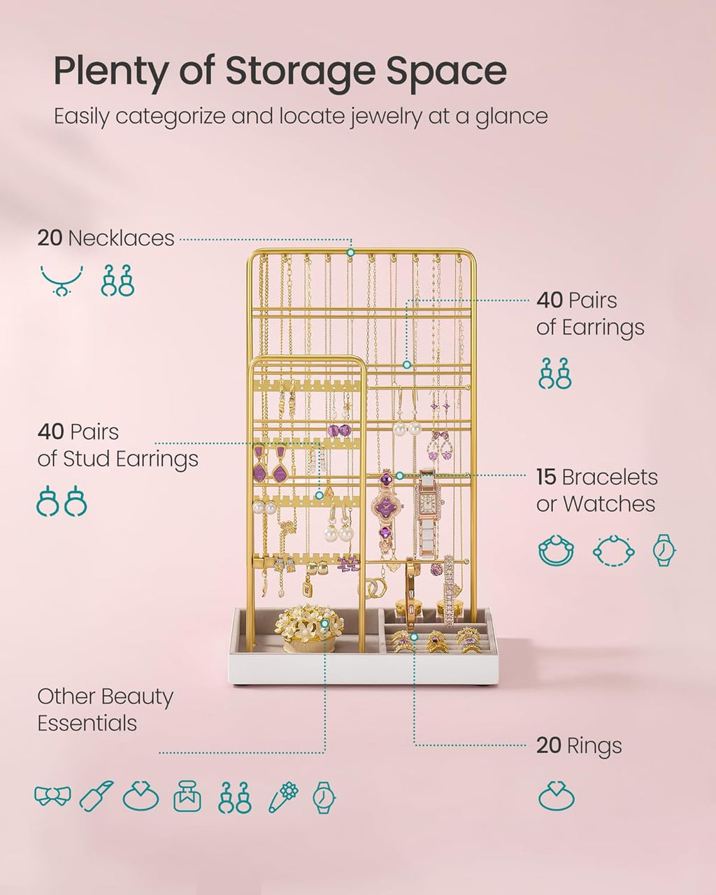 SONGMICS Jewelry Holder, Jewelry Organizer, Jewelry Display Stand with Metal Frame, Velvet Tray, Necklace Earring Bracelet Holder, for Studs, Rings, Gift Idea, Pale Gold UJJS028A01