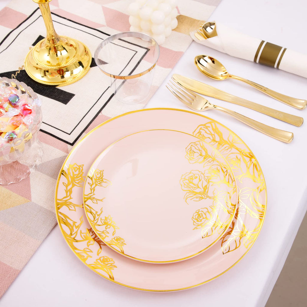 DaYammi 210Pcs White Gold Plastic Plates for Party,Gold Disposable Dinnerware Set Includes 60 gold Floral Plates,30 Plastic Silverware,30 Per Rolled Napkins,30 Cups for Mother's Day Party Wedding