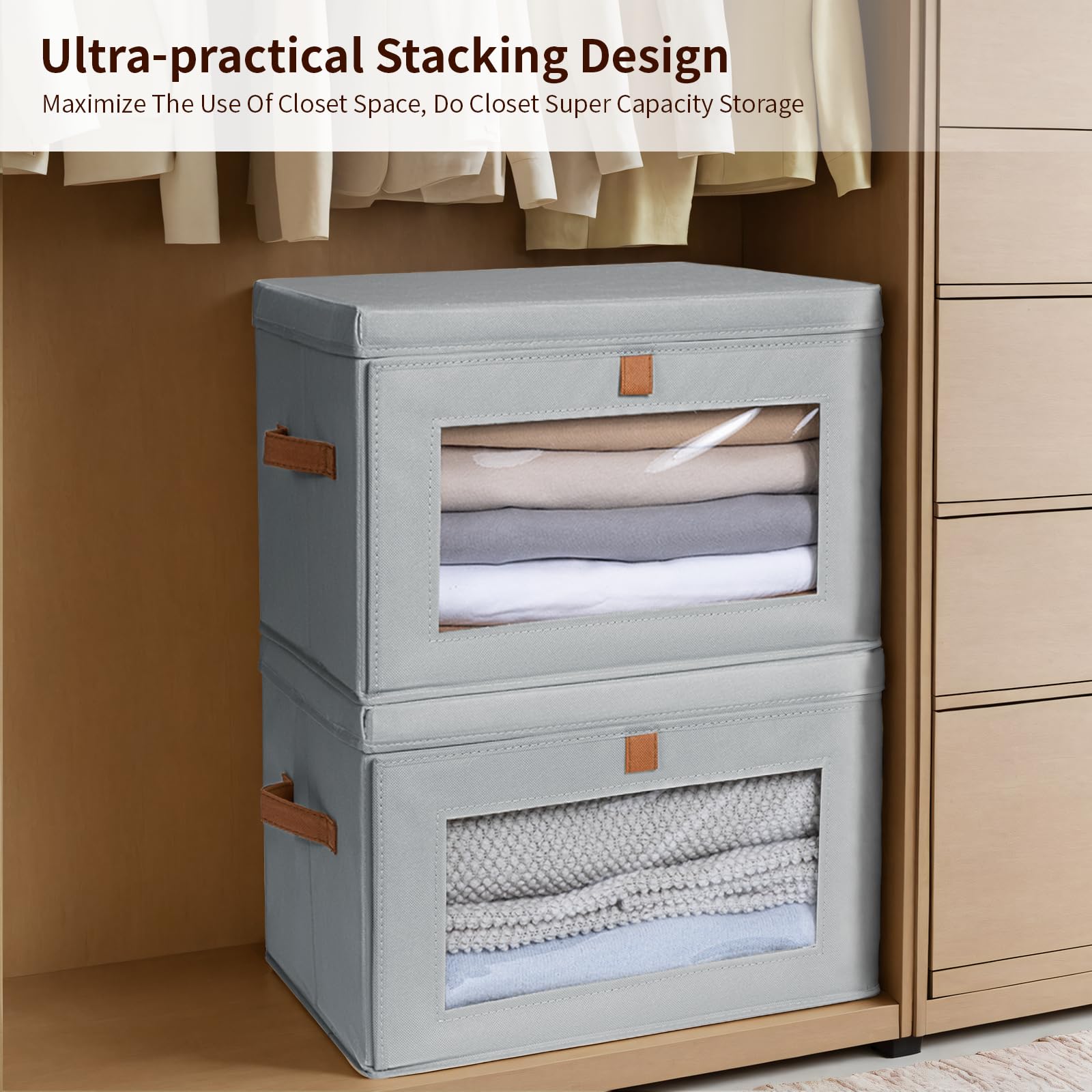 Homsorout Large Storage Bins with Lids - Fabric Collapsible Closet Storage Organizer with Window & Handles, Stackable Decorative Storage Boxes for Clothes, Blankets, Sweaters, 6 Pack, Beige