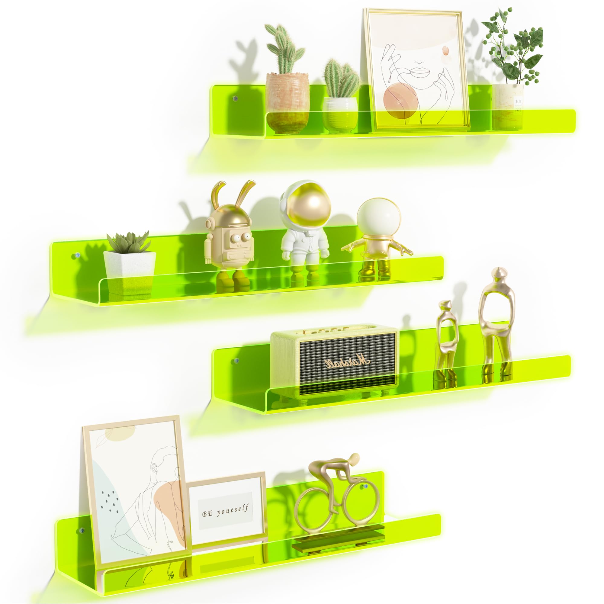 upsimples Acrylic Shelves for Bathroom Storage, 15" Floating Shelves Wall Organizer for Perfume, Make up, Skincare, Kids Bookshelf for Bedroom, Nursery, Living Room Decor, Clear, 4 Pack