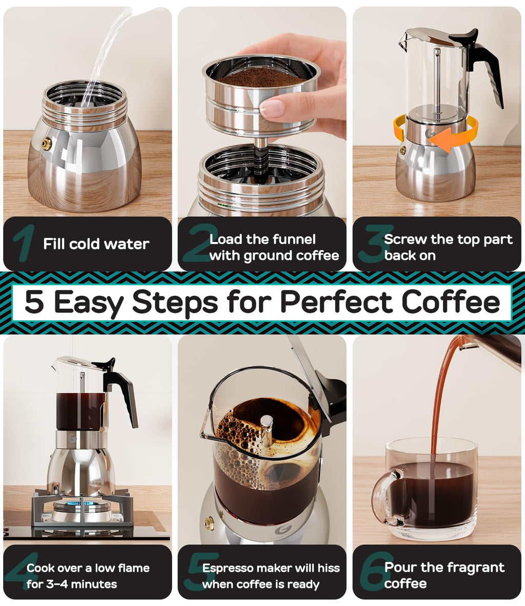Coffee Gator Moka Pot - 6 Cup, 12oz Stovetop Espresso Maker - Classic Italian and Cuban Coffee Percolator w/ 2 Stainless-Steel Cups – Matte Grey Aluminum, 360ml