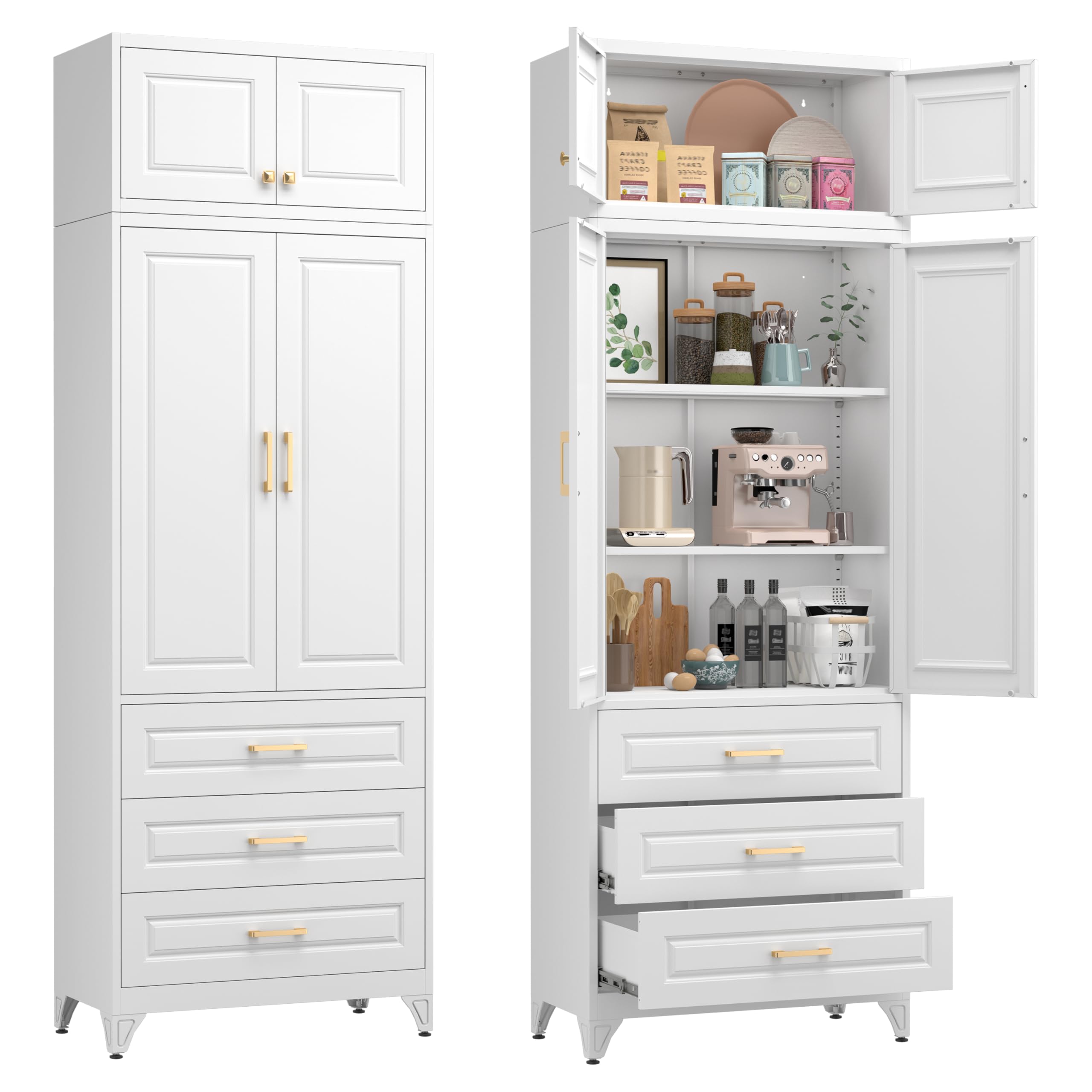 75" Tall Metal Kitchen Storage Cabinet,White Kitchen Pantry Storage Cabinet with Doors and 4 Adjustable Shelves,Utility Cabinet for Living Room,Garage,Dining Room and Office,Assemble Required