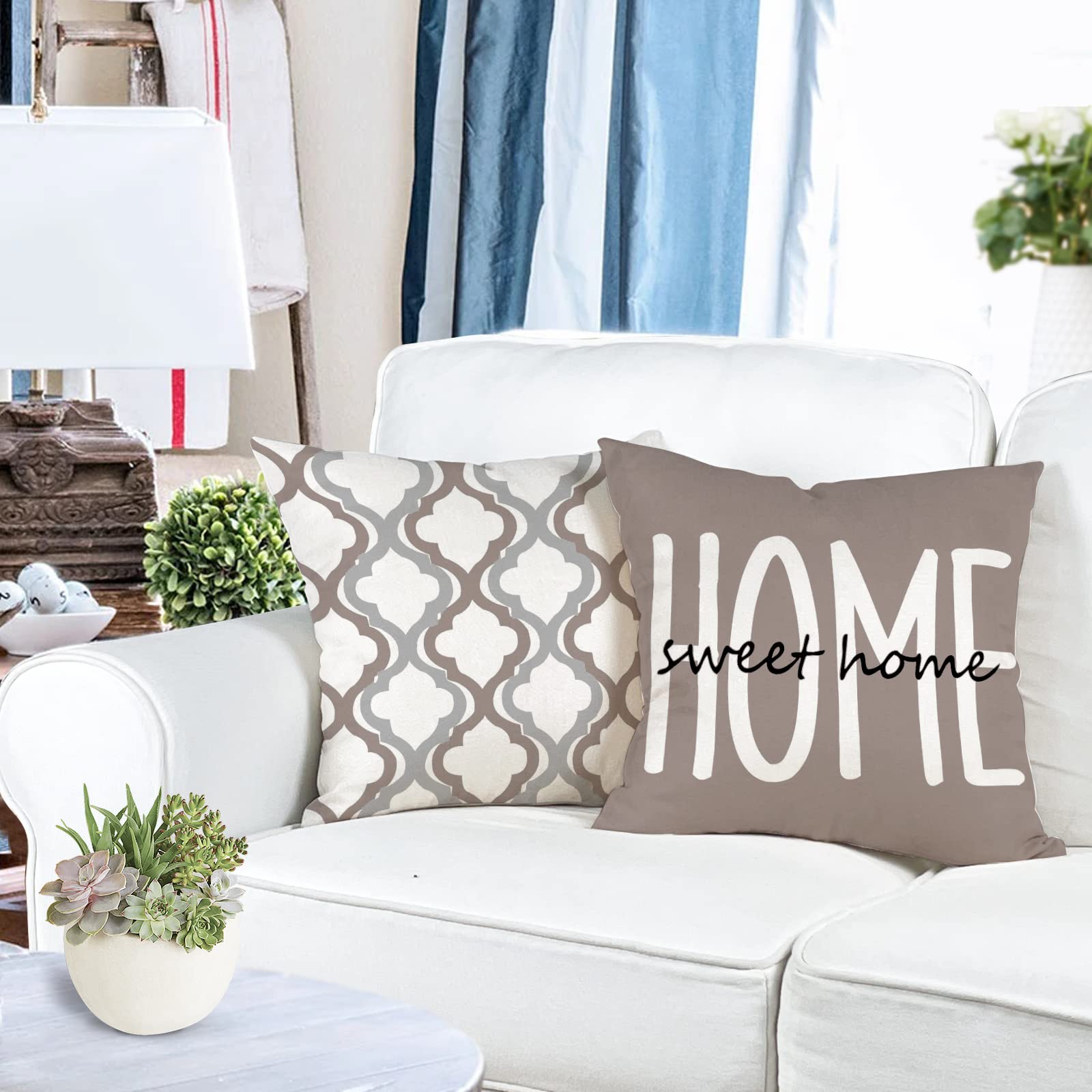 YCOLL Farmhouse Pillow Covers 18x18 Set of 4 Throw Pillow Covers Rustic Linen Decorative Pillows Square Cushion Covers for Couch Sofa Bedroom Home Decor