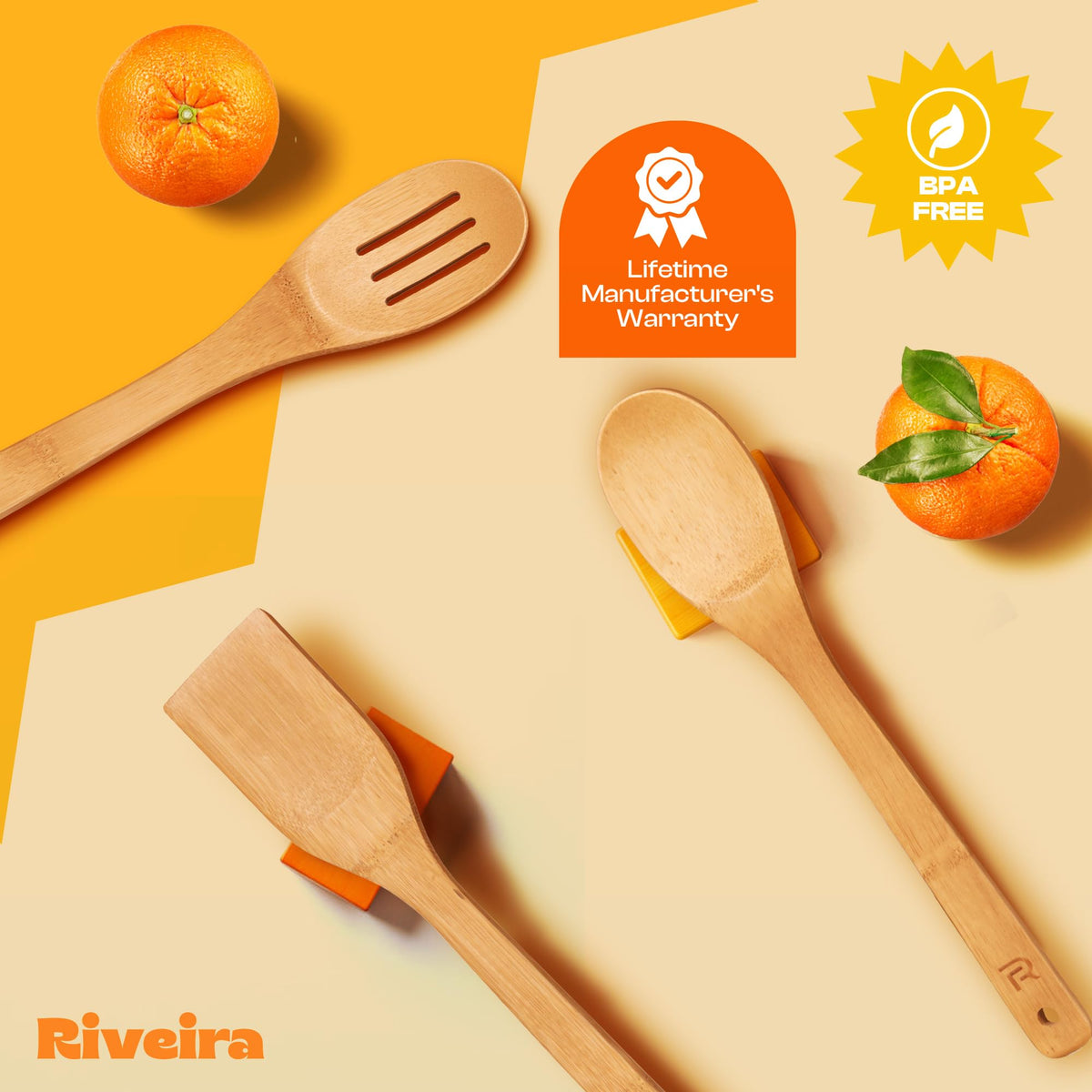 Riveira Dark Bamboo Wooden Spoons for Cooking 6-Piece, Apartment Essentials Wood Spatula Spoon Nonstick Kitchen Utensil Set Premium Quality Housewarming Gifts for Everyday Use