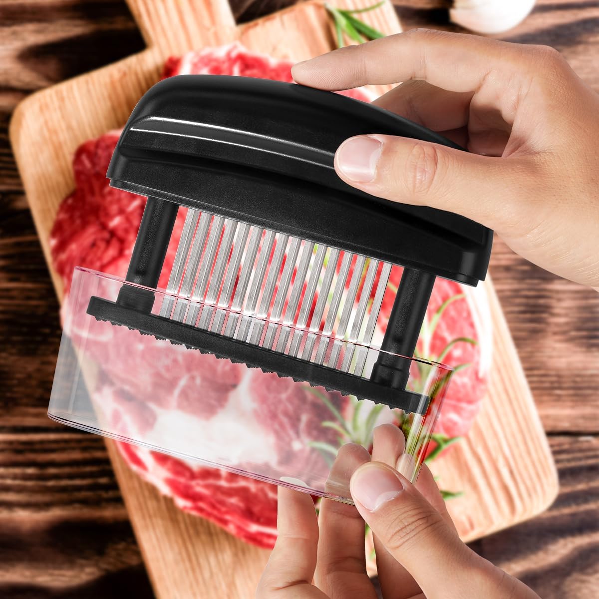 KEOUKE Meat Needle Tenderizer Black - 48 Stainless Steel Sharp Needles with Protective Cover, Compact Tenderizer for Beef, Chicken & Steak, Dishwasher Safe, Meat Mallet Alternative