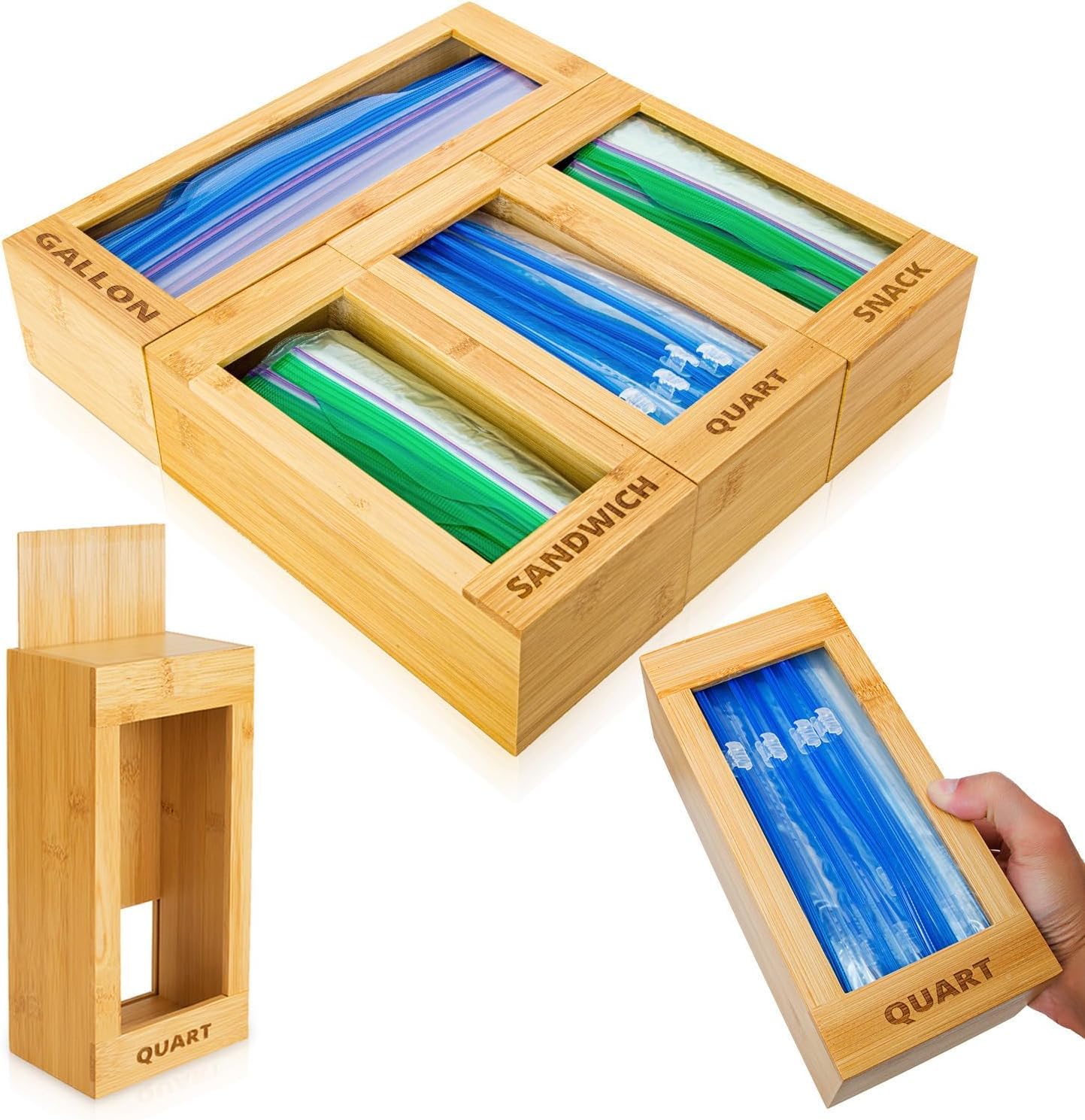 mHomeBilt Bag Storage Organizer - Bamboo Food Plastic Baggie Holder, Dispenser, and Container for Kitchen Drawer - Fits Major Brand's Gallon, Quart, Sandwich & Snack Sized Slider Bags (Black)