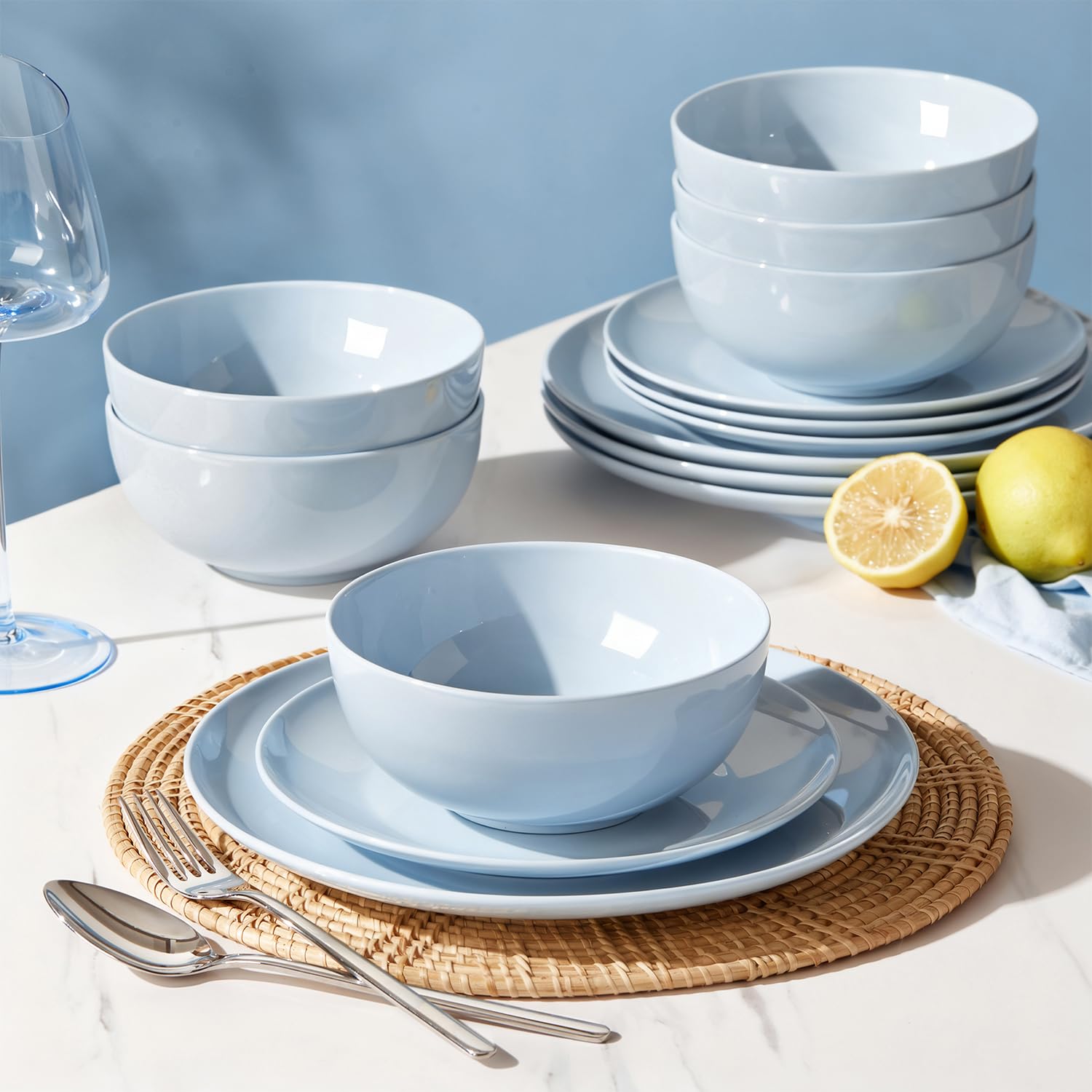 KINGSTONE 12-Piece Bone China Dinnerware Set for 4, Lightweight and Durable, Microwave and Dishwasher Safe, White Plates and Bowls for Everyday Use