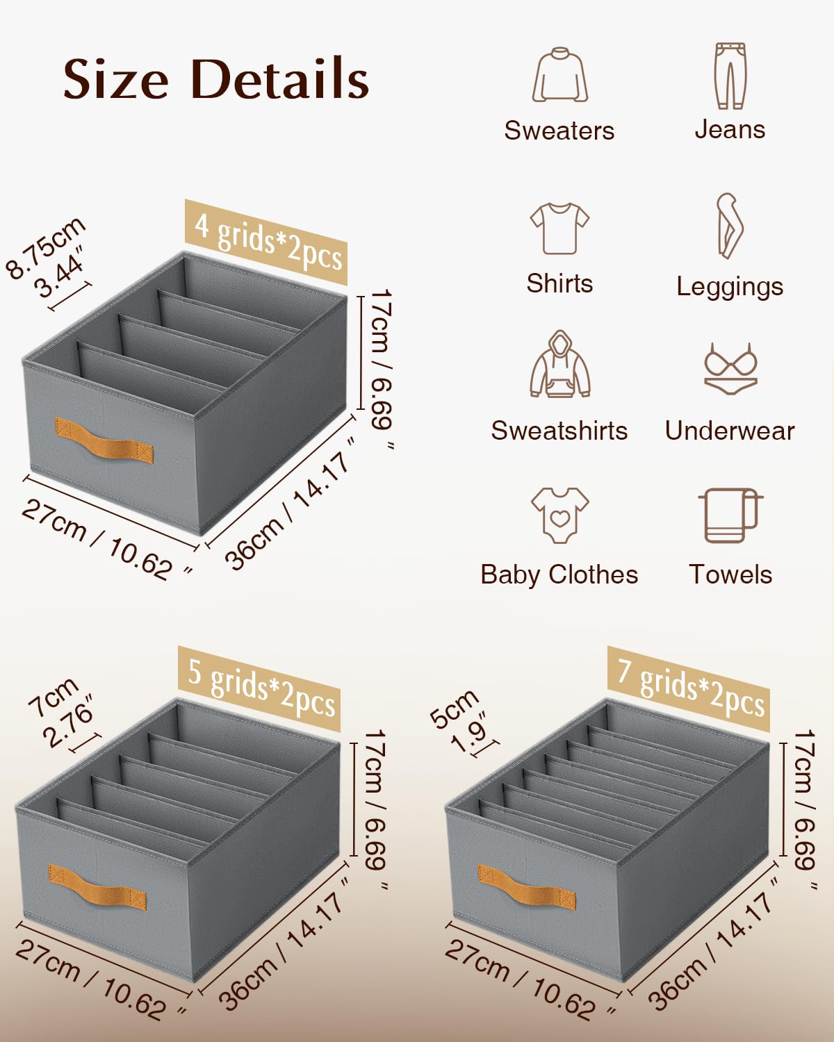 Homsorout Clothes Organizers and Storage - 4/5/7 Grids Fabric Jeans Organizer with Handles, Foldable Closet Organizers Dividers, Wardrobe organizer for Pant, Sweater, T-shirt, Scarf, 6 Pack, Beige