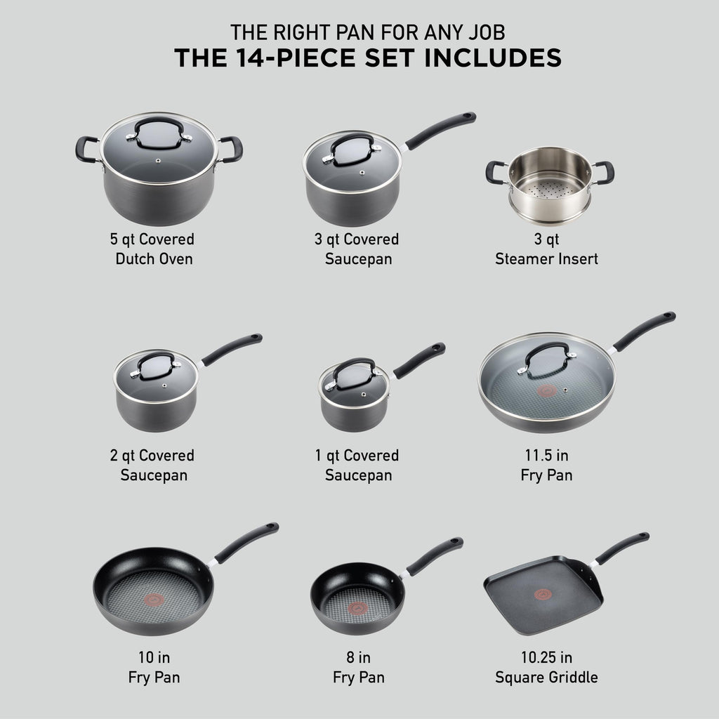 T-Fal Ultimate Hard Anodized Nonstick Pots and Pans Set 17 Piece, Nonstick Cookware Set with Fry Pan, Saucepans, Saute-Pan, Griddle, Dishwasher Safe, Onyx
