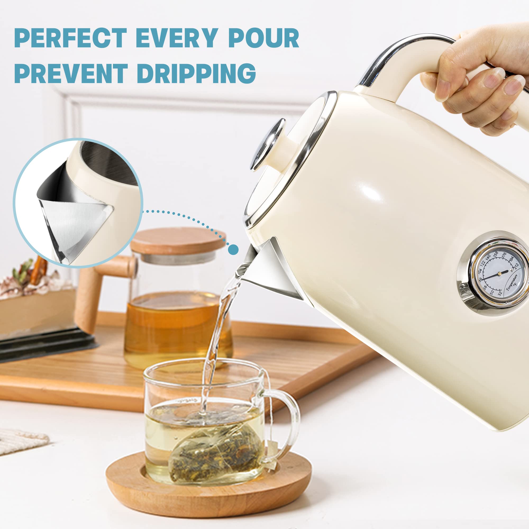 SUSTEAS Electric Kettle - 57oz Hot Tea Water Boiler with Thermometer, 1500W Fast Heating Stainless Steel Pot, Cordless LED Indicator, Auto Shut-Off & Boil Dry Protection, Retro Green