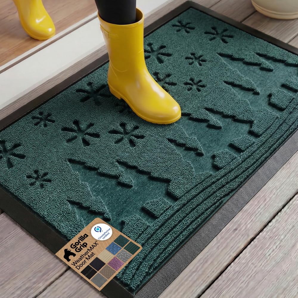 GORILLA GRIP 100% Waterproof All-Season WeatherMAX Doormat US Designed Natural Rubber, Stain Fade Resistant, Low Profile Indoor Outdoor Front Door Mats Outside Entrance, Easy Clean 29x17 Gray Diamond