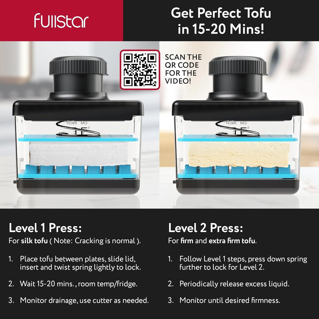 Fullstar 2-in-1 Tofu Press & Cutter, Dishwasher Safe, BPA-Free, Press Box for Extra Firm & Silken Tofu (Blue)