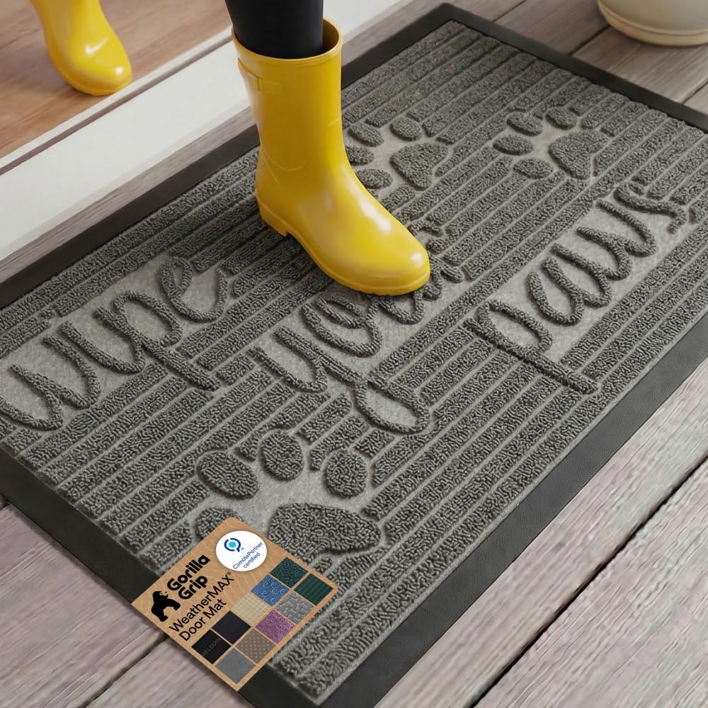 GORILLA GRIP 100% Waterproof All-Season WeatherMAX Doormat US Designed Natural Rubber, Stain Fade Resistant, Low Profile Indoor Outdoor Front Door Mats Outside Entrance, Easy Clean 29x17 Gray Diamond
