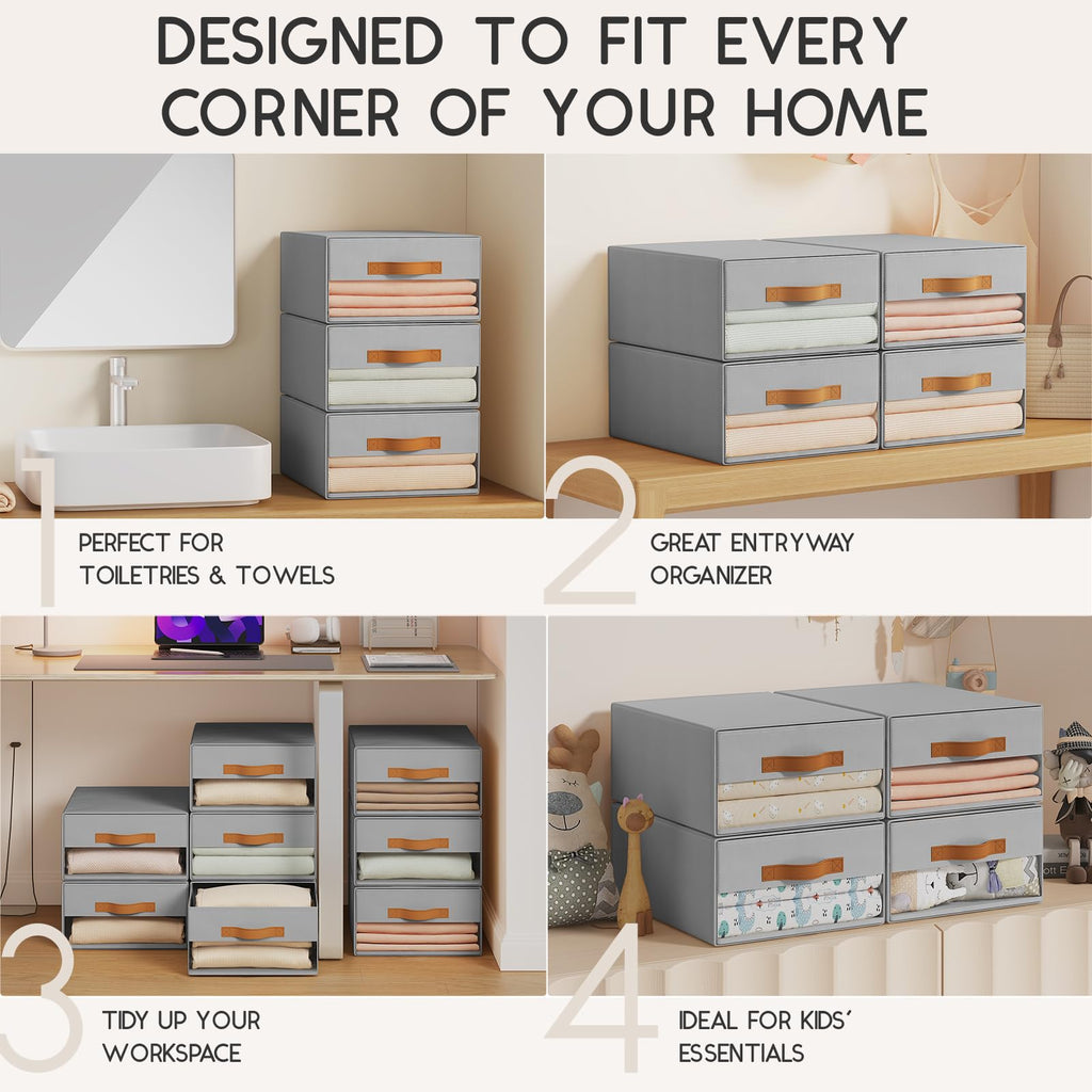 Homsorout Large Closet Storage Bins - 6 Pack Pull-Out Stackable Fabric Boxes with Clear Window, Foldable Closet Visible Storage Container for Bedroom, Living Room, Home Shelves, Grey