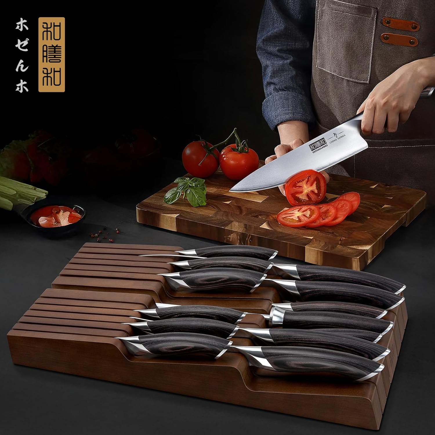 HOSHANHO Kitchen Knife Set with Block, 14-Piece Professional Ultra Sharp Knife Block Set in Knife Drawer Organizer, Japanese High Carbon Stainless Steel Chef Knives Set with Sharpener