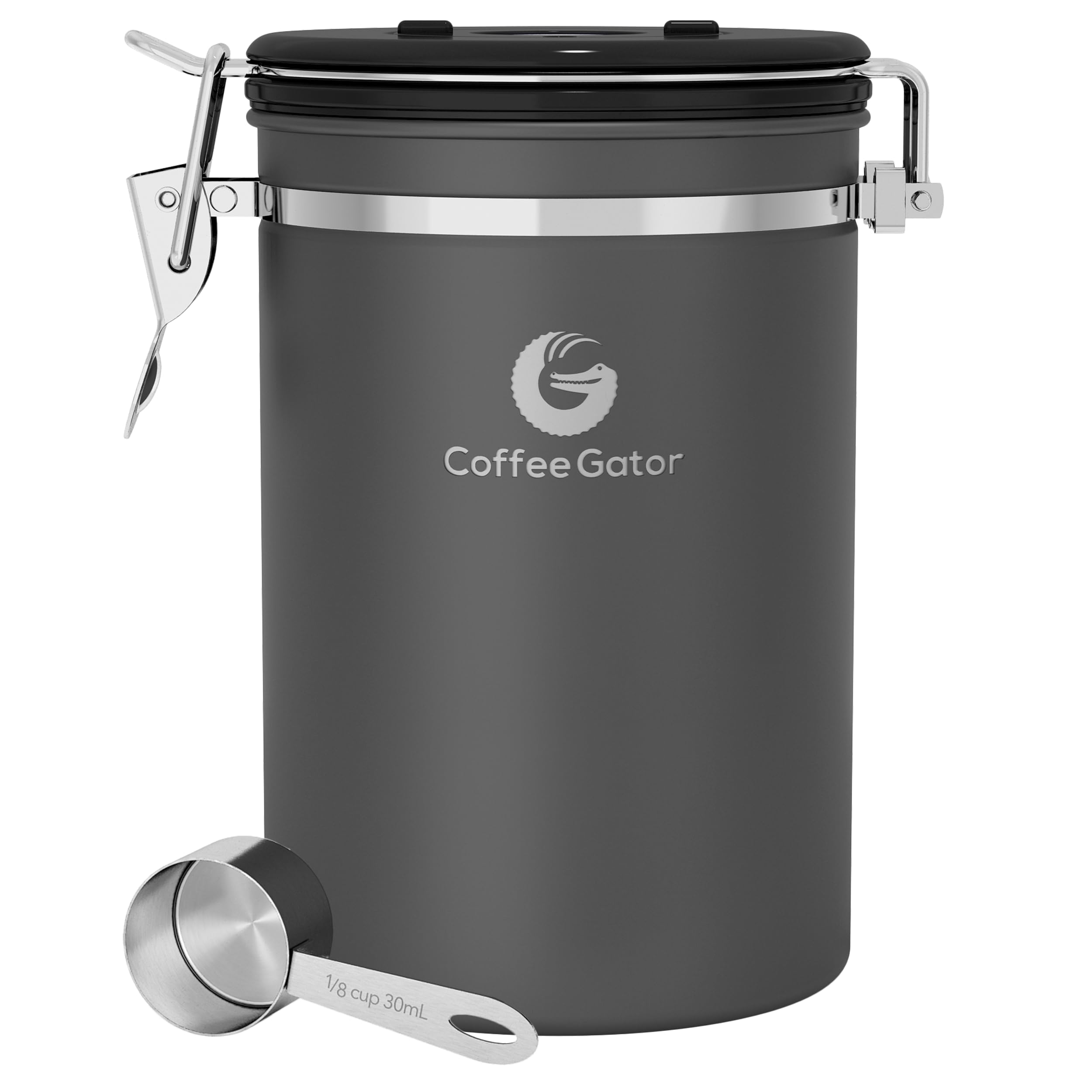 Coffee Gator Stainless Steel Canister - Medium 16oz, Gray Coffee Grounds and Beans Container with Date-Tracker, CO2-Release Valve, and Measuring Scoop - Ideal Coffee Lovers Gifts