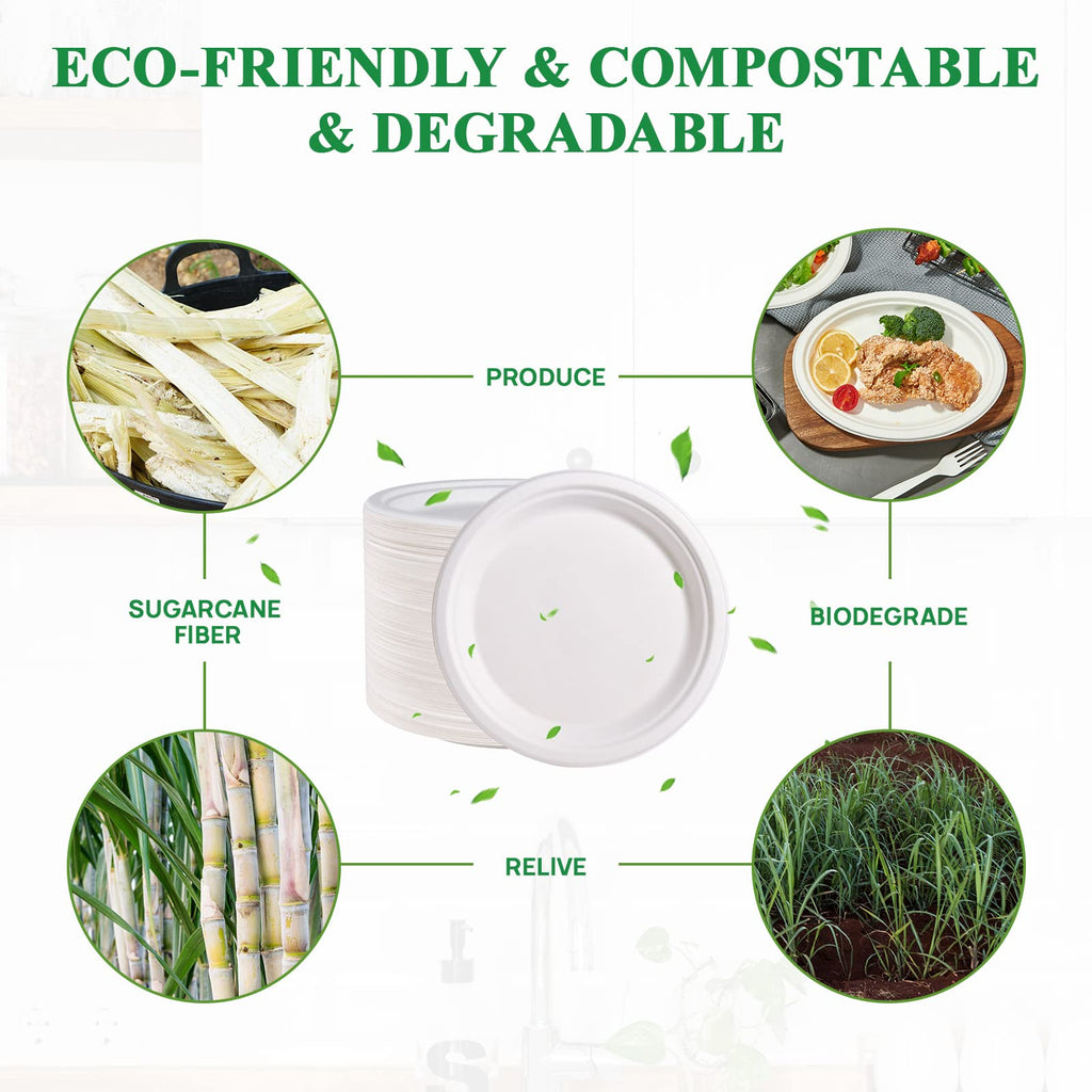 Vplus 150 Pack Paper Plates 9 inch 100% Compostable, Heavy-Duty Disposable Paper Plates Bagasse Natural Biodegradable Eco-Friendly Sugarcane