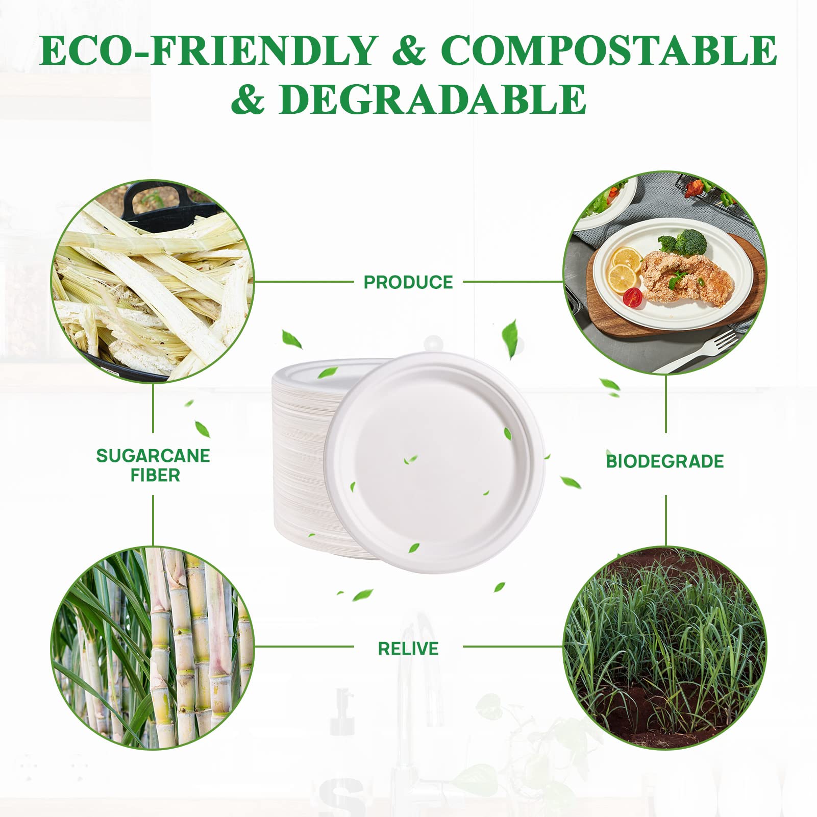 Vplus 150 Pack Paper Plates 9 inch 100% Compostable, Heavy-Duty Disposable Paper Plates Bagasse Natural Biodegradable Eco-Friendly Sugarcane