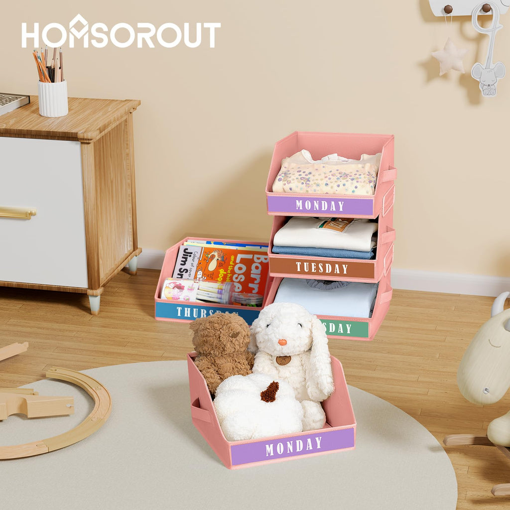 Homsorout Closet Organizers and Storage - 5 Tier Shelf Organizer with Weekly Labels, Stackable Storage Bins with Metal Frame, Foldable Cube Bins, Home Baskets for Kids and Adults, Beige