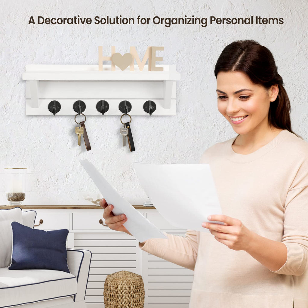 Wall Key Holder with Shelf, Rustic Shelf with Hooks Made of Paulownia Wood Holds Keys, Dog Leash, Bags and More - 13.7" W x 4.7" H x 3.5" D Decorative Key Hanger and Entryway Shelf (Gray)