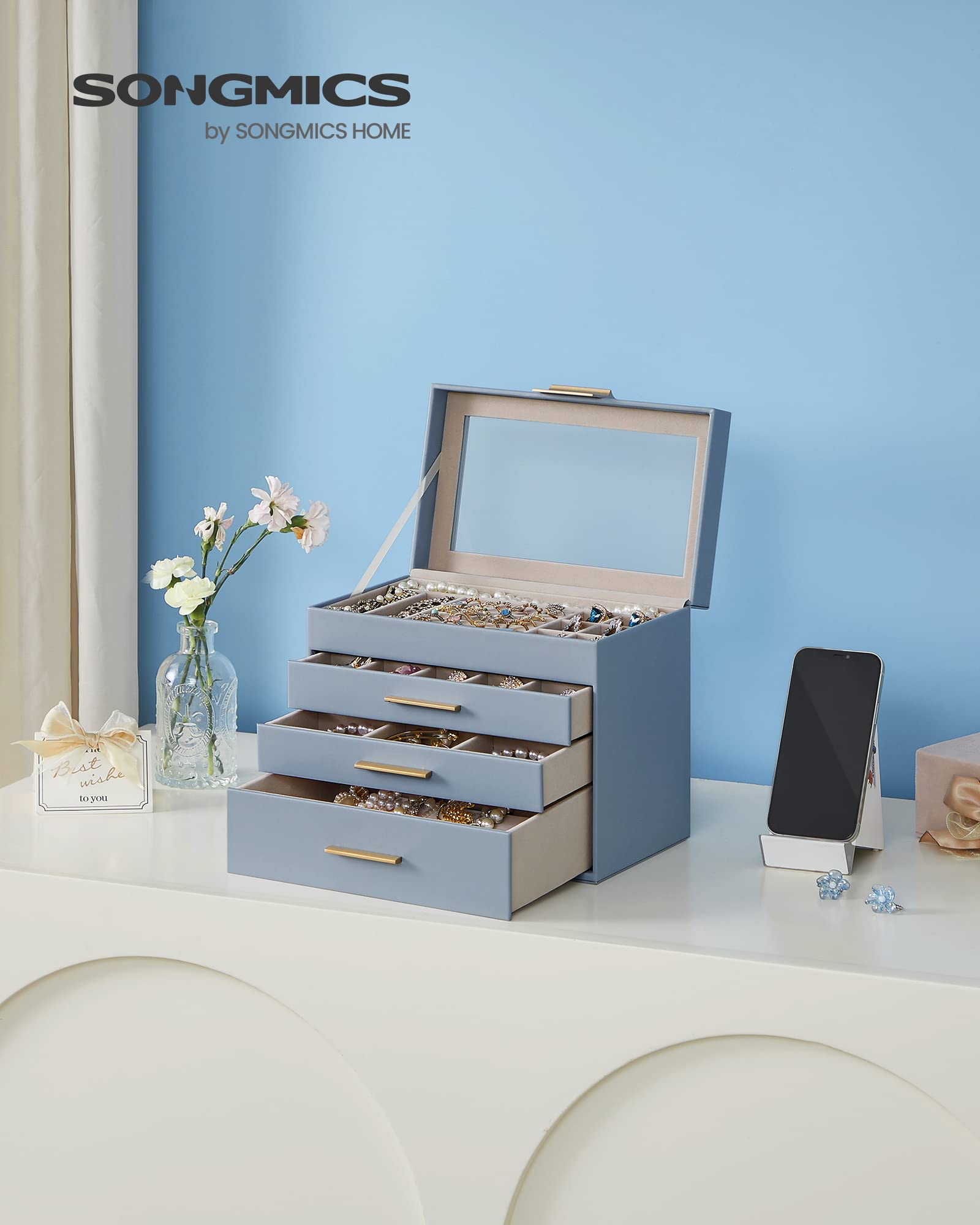 SONGMICS GISELLA Collection - Jewelry Box Organizer, 3-Layer Jewelry Storage with 2 Drawers, Shiny Metal Hardware, Glass Lid, Modern, 8 x 9.1 x 5.3 Inches, Cloud White and Gold Color UJBC239WT