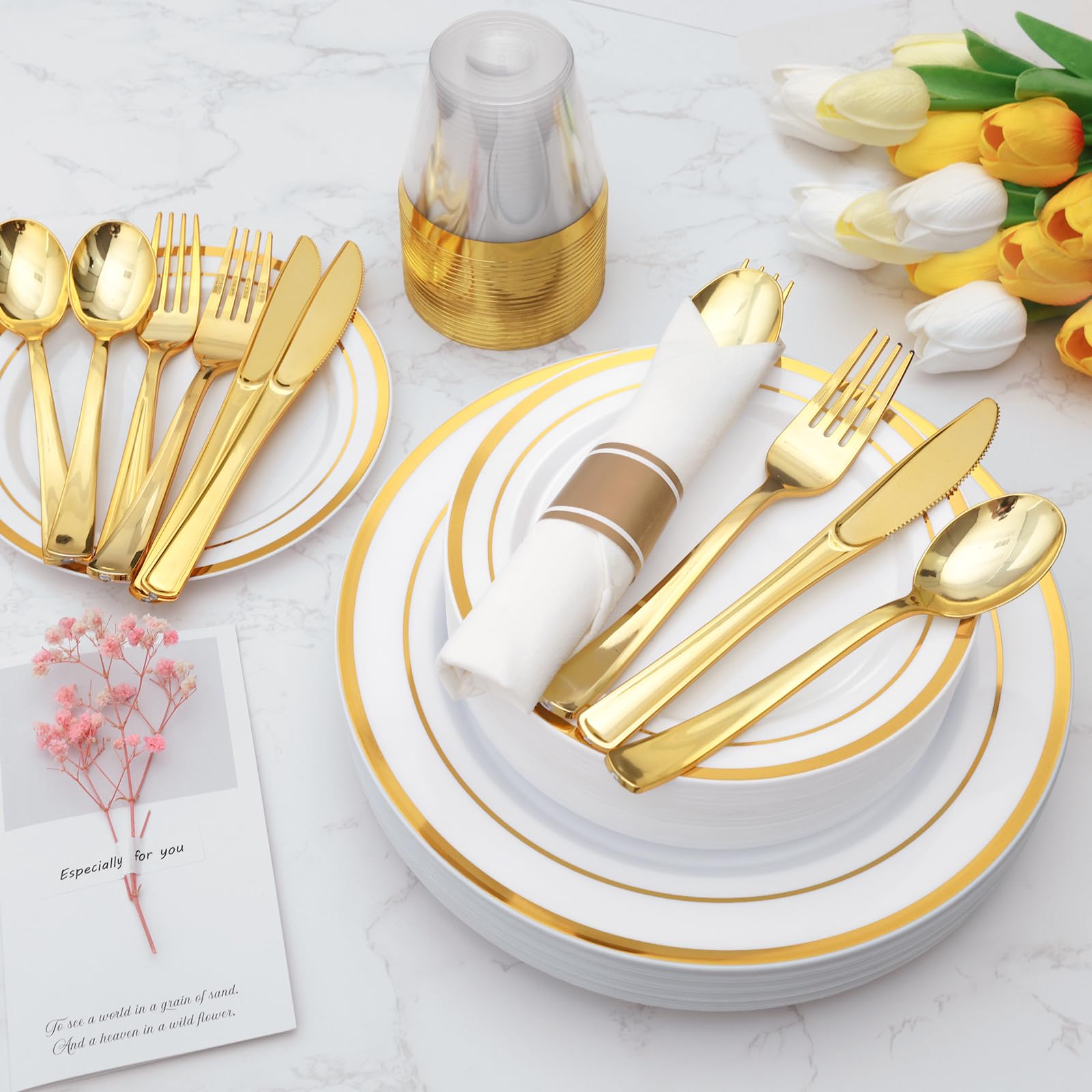 Goodluck 350 Piece Silver Plastic Dinnerware Set for 50 Guests, Fancy Disposable Plates for Party, Include: 50 Dinner Plates, 50 Dessert Plates, 50 Pre Rolled Napkins with Silver Silverware, 50 Cups