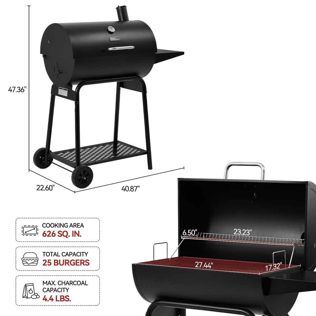 Royal Gourmet CC1830 28 Inch Barrel Charcoal Grill with Warming Rack, Outdoor BBQ Grill with 626 Sq. In. Grilling Space for Backyard, Patio and Parties, Black