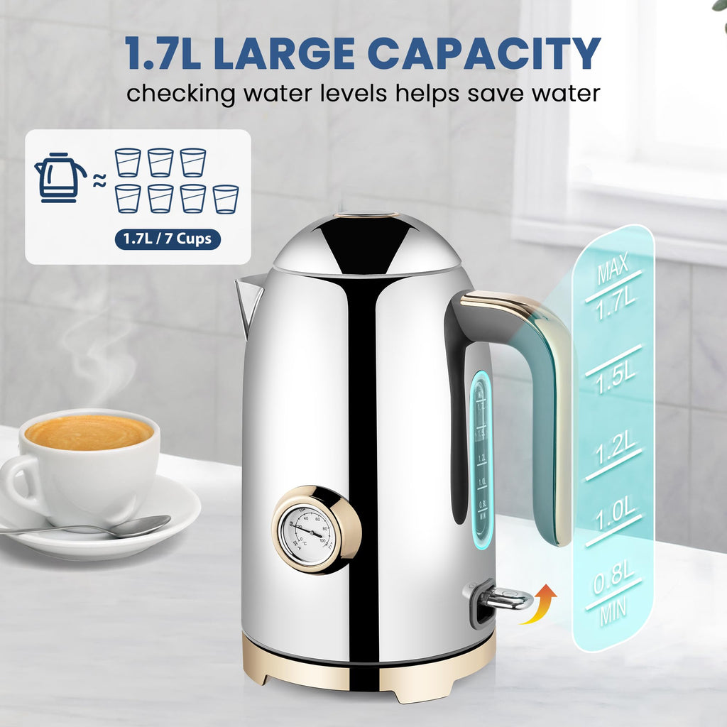 SUSTEAS Electric Kettle - 57oz Hot Tea Water Boiler with Thermometer, 1500W Fast Heating Stainless Steel Pot, Cordless LED Indicator, Auto Shut-Off & Boil Dry Protection, Retro Green